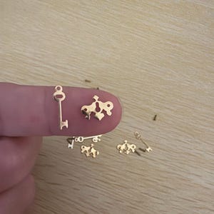 May include: A selection of tiny, gold-coloured metal charms in different shapes, including keys and decorative designs. The charms are shown on a light-coloured wooden surface.