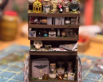 Curiosity cabinet, miniature art, miniature witches cabinet,secret world miniature, miniatures, mushroom miniature, fairy house.