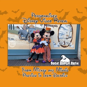 May include: Mickey Mouse and Minnie Mouse dressed in Halloween costumes stand in front of a blue and white wall with a car and a beach scene painted on it. The text "PERSONALISED Disney VIDEO REVEAL" is at the top of the image. The text "OOGIE BOOGIE BASH" is at the bottom of the image. The text "FROM Mickey AND MINNIE PREVIEW IN ITEM DETAILS" is at the bottom of the image.