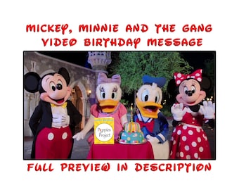 Mensaje de cumpleaños de Mickey Mouse, Minnie Mouse, Daisy Duck y Donald Duck (vista previa en descripción)