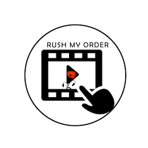 May include: Black and white icon of a film strip with a play button inside. The play button has a red poppy flower inside. A black hand with a finger pointing at the play button. The text "RUSH MY ORDER" is above the film strip.