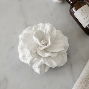 Camelia Flower Wall Art, White Flower With Chrystal, Hand Sculpted Clay Flowers, Wall Sculpture Art Modern Minimalist Floral Decoration Gift