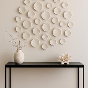 40 piezas de arte de pared moderno, juego de esculturas circulares 3D blancas, instalación orgánica minimalista, acento de sala de estar, decoración de pared de entrada. imagen 4