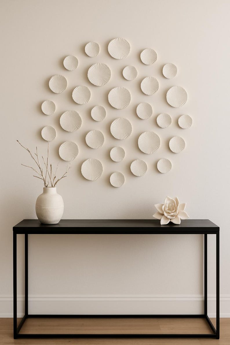 40 piezas de arte de pared moderno, juego de esculturas circulares 3D blancas, instalación orgánica minimalista, acento de sala de estar, decoración de pared de entrada. imagen 4