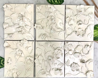 3D Sculpture Wall Art, Wall Art Installation White 3D Wall Art Clay Flowers Art Wall Tile With Crystals Newlywed Gift Housewarming Gift