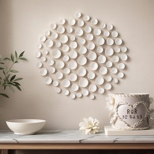 40 piezas de arte de pared moderno, juego de esculturas circulares 3D blancas, instalación orgánica minimalista, acento de sala de estar, decoración de pared de entrada. imagen 3