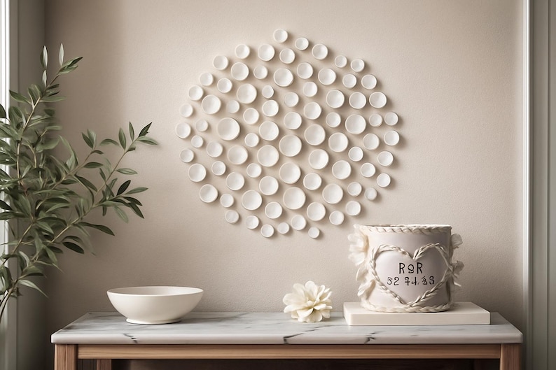 40 piezas de arte de pared moderno, juego de esculturas circulares 3D blancas, instalación orgánica minimalista, acento de sala de estar, decoración de pared de entrada. imagen 3