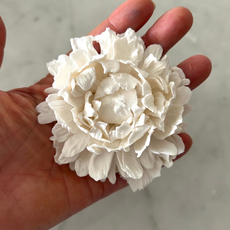 May include: A white, paper-like, artificial peony flower. The flower is made of many layers of petals and has a delicate, realistic appearance.