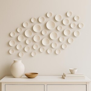 40 piezas de arte de pared moderno, juego de esculturas circulares 3D blancas, instalación orgánica minimalista, acento de sala de estar, decoración de pared de entrada. imagen 2