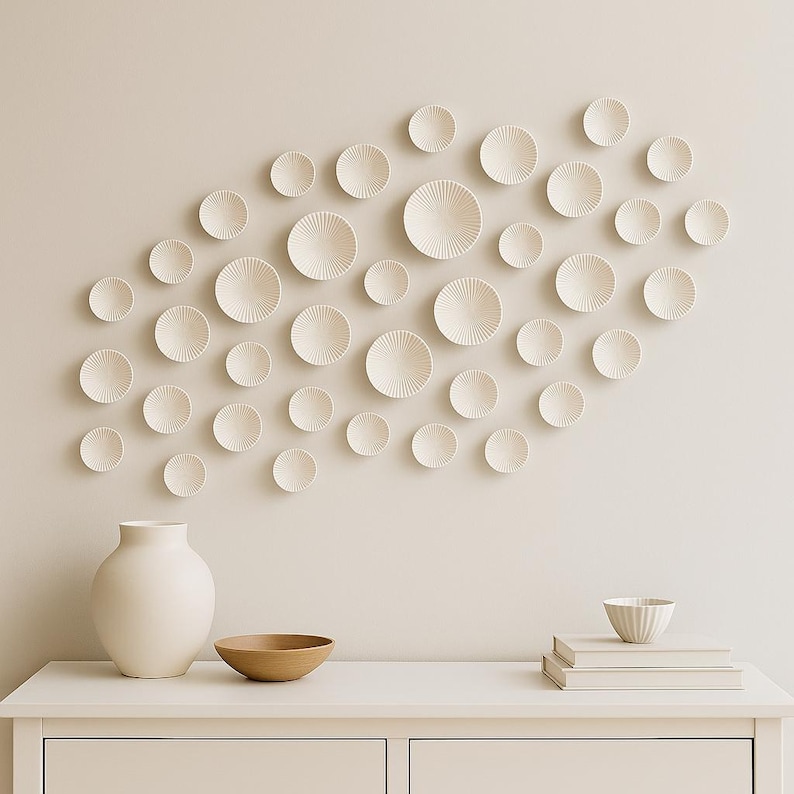 40 piezas de arte de pared moderno, juego de esculturas circulares 3D blancas, instalación orgánica minimalista, acento de sala de estar, decoración de pared de entrada. imagen 2