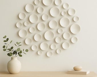 40 Pieces Modern Wall Art, White 3D Circle Sculpture Set, Minimalist Organic Installation, Living Room Accent, Entryway Wall Decor.