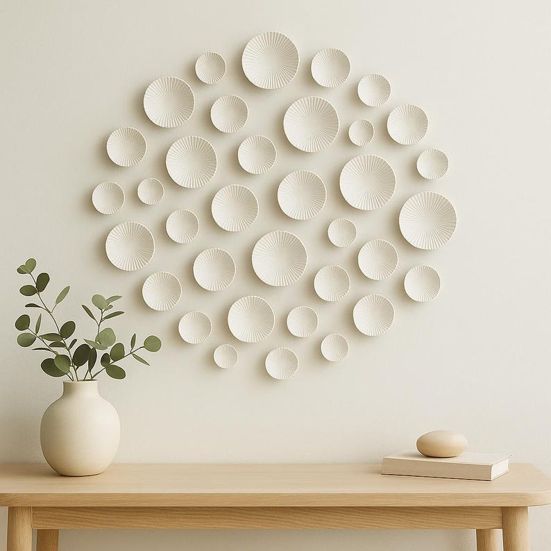 40 piezas de arte de pared moderno, juego de esculturas circulares 3D blancas, instalación orgánica minimalista, acento de sala de estar, decoración de pared de entrada. imagen 1