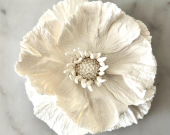 Hand Sculpted White Clay Poppy Wall Art, Modern Minimalist Floral Sculpture, August Birth Flower
