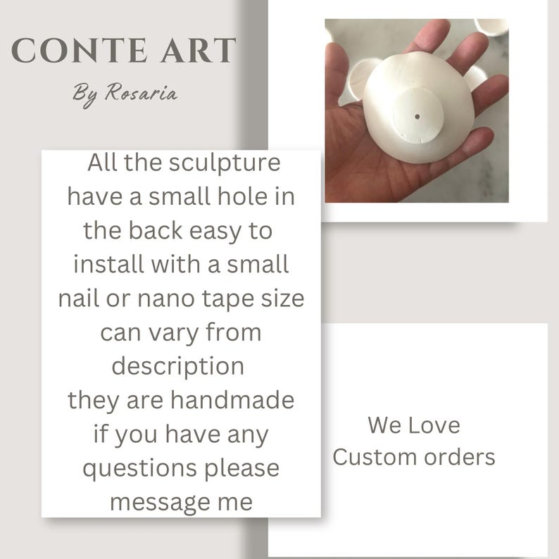 Puede incluir: Escultura blanca con dise&ntilde;o circular y agujero central, sostenida en una mano. La imagen incluye el texto "CONTE ART By Rosaria" y detalles sobre la instalaci&oacute;n y pedidos personalizados.