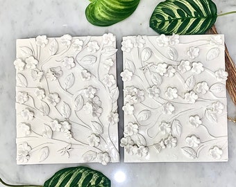 Sculpture Wall Art White 3D Wall Art Clay Textured Art Wall Tile Flowers Butterflies and Leaf Newlywed Gift Housewarming Gift