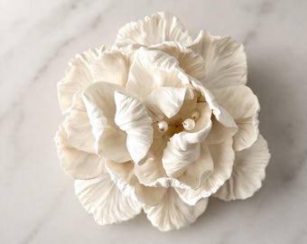 Hand Sculpted Clay Flower Wall Art, Modern Floral Sculpture, Pearl Accent