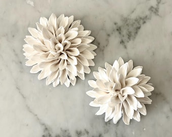 Handmade White Clay Dahlia Flower Wall Sculpture, 3D Floral Art, Boho Decor