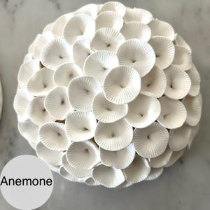 May include: A white, spherical decorative object with a textured surface, composed of numerous, overlapping, disc-shaped elements. The object has a central hole in each disc. The word "Anemone" is in a white circle in the lower left corner.