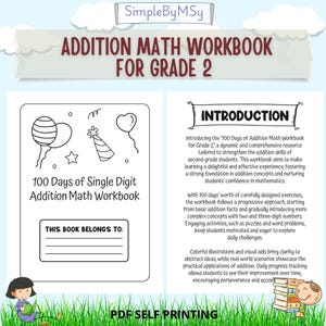 Puede incluir: Un cuaderno de trabajo de matemáticas para estudiantes de segundo grado con el título "Addition Math Workbook for Grade 2". La portada presenta ilustraciones de globos y un gorro de fiesta. El cuaderno busca fortalecer las habilidades de suma con 100 días de ejercicios.
