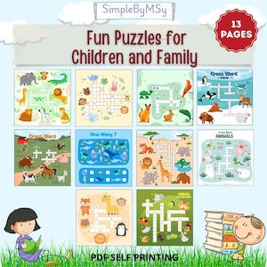 Puede incluir: Una colección de páginas de rompecabezas coloridas para niños con crucigramas temáticos de animales, juegos de emparejamiento y actividades de conteo. El título dice "Fun Puzzles for Children and Family" con el texto "PDF Self Printing".