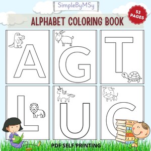 Puede incluir: Libro para colorear el alfabeto con 53 páginas. La portada presenta el título y las palabras "PDF Self Printing". En el interior, hay ilustraciones de las letras A, G, T, L, U y C, cada una acompañada de un dibujo de animal.
