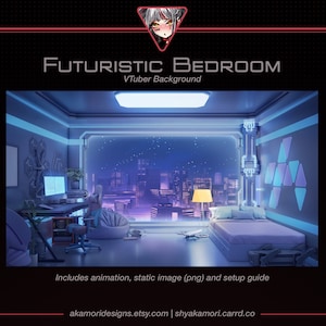 May include: A futuristic bedroom with a large window overlooking a city skyline at night. The room has a bed, a desk, a chair, and a beanbag chair. The walls are decorated with geometric patterns and glowing blue lights. The room is lit by a lamp on the desk and a lamp on the nightstand.
