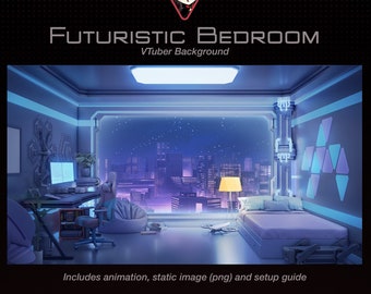 Futurystyczna sypialnia VTubera, nocny pejzaż miejski, przytulna nakładka na transmisję na Twitchu z Zooma, zapętlone tło VTubera | Animowana tapeta Cyberpunk