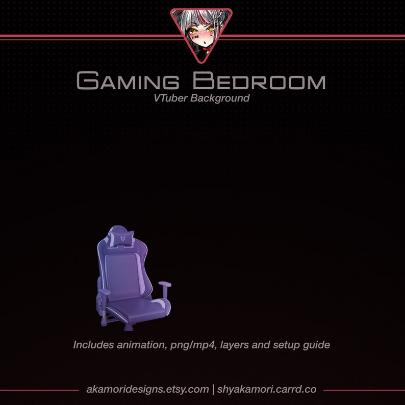 May include: A purple gaming chair with a white logo and a black headrest. The chair is on a black background with the text "GAMING BEDROOM VTuber Background" above it. The text "Includes animation, png/mp4, layers and setup guide" is below the chair. The text "akamoridesigns.etsy.com | shyakamori.carrd.co" is at the bottom of the image.