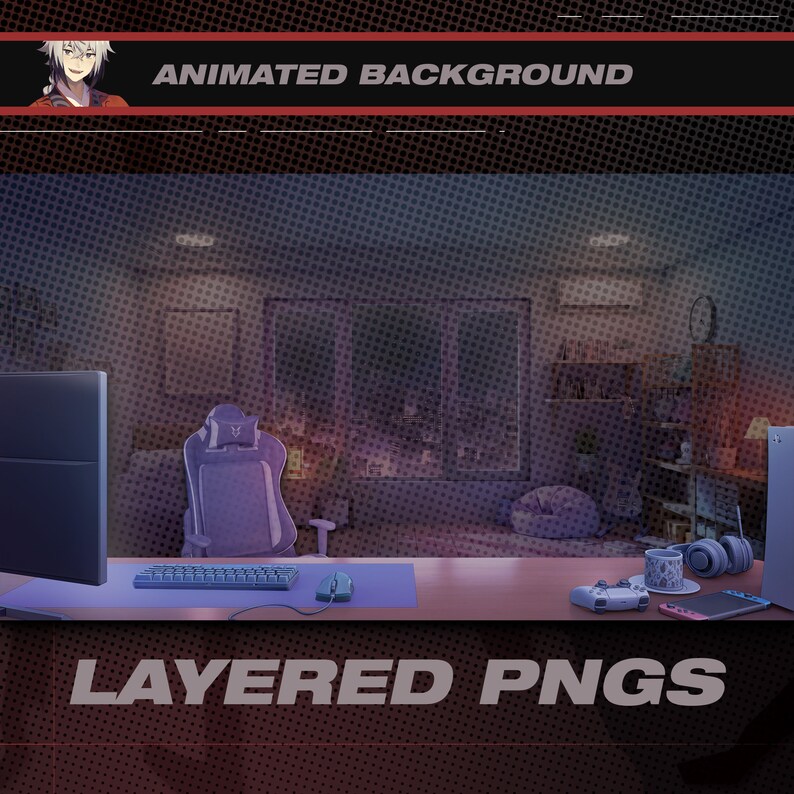 May include: A purple and grey gaming chair with a headrest and a black and white keyboard on a desk with a monitor, a controller, a headset, and a cup. The background is a blurred image of a room with a window.