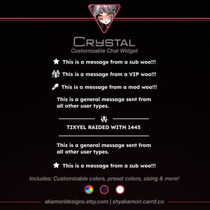 Puede incluir: Un widget de chat personalizable con fondo negro y texto blanco. El widget presenta diferentes tipos de mensajes, incluidos mensajes de sub, VIP y mod. También incluye un tipo de mensaje general para todos los demás tipos de usuarios. El widget está diseñado para su uso en comunidades en línea e incluye colores personalizables, colores preestablecidos, tamaño y más.
