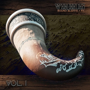 Puede incluir: Un cuerno vikingo marrón y blanco con tallas decorativas y el texto "VIKING SOUND ALERTS / FX" en la parte superior. El texto "VOL. I" está en la parte inferior. El cuerno está sobre un fondo texturizado.
