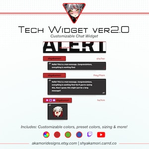 Könnte beinhalten: Ein anpassbares Chat-Widget mit einem roten und schwarzen Design. Das Widget verfügt über ein Textfeld mit den Worten "ALERT" in weißen Buchstaben. Das Widget enthält auch ein Textfeld mit den Worten "shyakamori" in weißen Buchstaben. Das Widget ist für die Verwendung auf Twitch, YouTube und anderen Social-Media-Plattformen konzipiert.