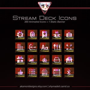 Może przedstawiać: Grafika cyfrowa z ikonami Stream Deck na ciemnoczerwonym i czarnym tle. Ikony, ułożone w siatkę, przedstawiają symbole takie jak koła zębate, budynki i globus. Tekst brzmi "Stream Deck Icons" i "350 Animated Icons + 1 Static Banner."