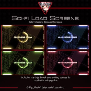 May include: A promotional image for Sci-Fi Load Screens, featuring four different color schemes: yellow, blue, green, and red. Each screen displays a circular loading animation with the text "COMMENCING STREAM". The image includes the text "Includes starting, break and ending scenes in .mp4 with setup guide".