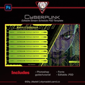 Modelo de Cronograma de Transmissão Cyberpunk • Tema Verde Neon, Tecnológico e Futurista | Cronograma Semanal para Vtubers / Transmissões Twitch PSD / Photoshop