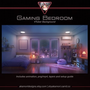 May include: A digital background for virtual streamers featuring a bedroom with a bed, a window with a city view, a beanbag chair, a guitar, and bookshelves. The text "GAMING BEDROOM" and "VTuber Background" is displayed at the top of the image.