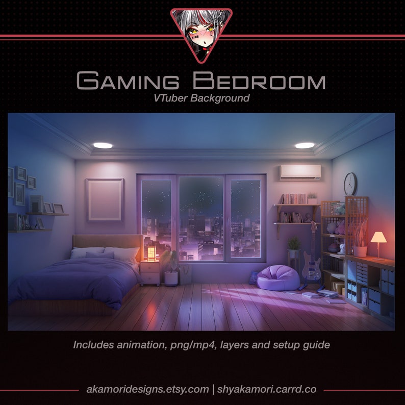 May include: A digital background for virtual streamers featuring a bedroom with a bed, a window with a city view, a beanbag chair, a guitar, and bookshelves. The text "GAMING BEDROOM" and "VTuber Background" is displayed at the top of the image.