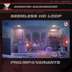 May include: An animated background featuring a night cityscape view from a window in a room with a gaming chair, desk, and a beanbag chair. The background is seamless and loops. The text "PNG/MP4/VARIANTS" is at the bottom of the image.