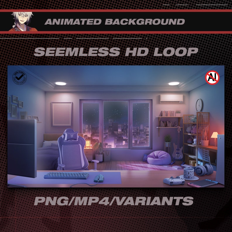 May include: An animated background featuring a night cityscape view from a window in a room with a gaming chair, desk, and a beanbag chair. The background is seamless and loops. The text "PNG/MP4/VARIANTS" is at the bottom of the image.