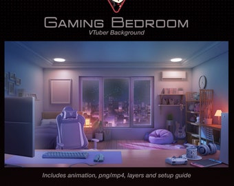 Animated Background for Vtuber, Ambient Lofi Gamer Room, Night Cityscape, Cosy Zoom Twitch Stream Overlay, Looped Vtuber Background