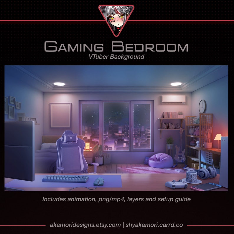 May include: A digital background for VTubers featuring a nighttime cityscape view from a gaming bedroom. The room includes a gaming chair, a desk with a keyboard, mouse, and a controller, a beanbag chair, a guitar, and a bookshelf.