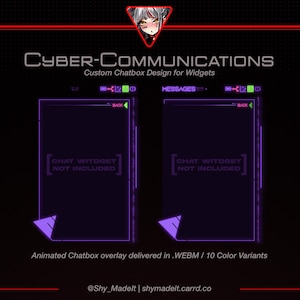 Puede incluir: Diseño de chatbox personalizado Cyber-Communications para widgets. El diseño presenta dos superposiciones de chatbox moradas con bordes de neón y el texto "CHAT WIDGET NOT INCLUDED". La imagen incluye el texto "Animated Chatbox overlay delivered in .WEBM / 10 Color Variants".