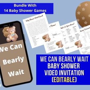 Bear Balloons Baby Shower Invitation with Printable Matching Baby Shower Games, EDITABLE We Can Bearly Wait, Gender Neutral, Video Invite