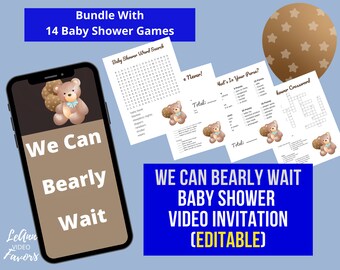 Bear Balloons Baby Shower Invitation Custom, We Can Bearly Wait, Gender Neutral with Printable Baby Shower Games, Video Invitation, Editable
