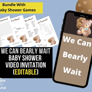 Bear Balloons Baby Shower Invitation with Printable Matching Baby Shower Games, EDITABLE We Can Bearly Wait, Gender Neutral, Video Invite