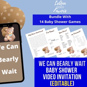 Bear Balloons Baby Shower Invitation with Printable Matching Baby Shower Games, EDITABLE We Can Bearly Wait, Gender Neutral, Video Invite