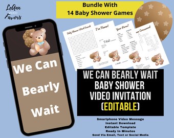 Editable We Can Bearly Wait Baby Shower Invitation Bundle Set Baby Shower Games Bundle, Video Invitation with Printable Baby Shower Games
