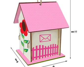 Brand New "Do it Yourself" Rectangle Pink Bird House with Flower Print
