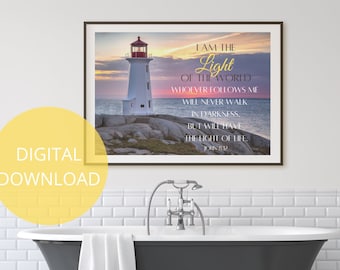 Light Of The World Printable | John 8 12 | Lighthouse Print  | Lighthouse Scripture | Nautical Wall Art | Ocean Digital Print | PDF Download