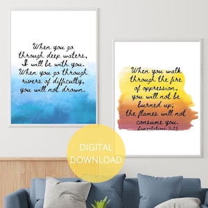 When You Go Through Deep Waters I Will Be With You | Isaiah 43 2 | Christian Watercolor Wall Art | Scripture Prints Set Of 2 | Digital